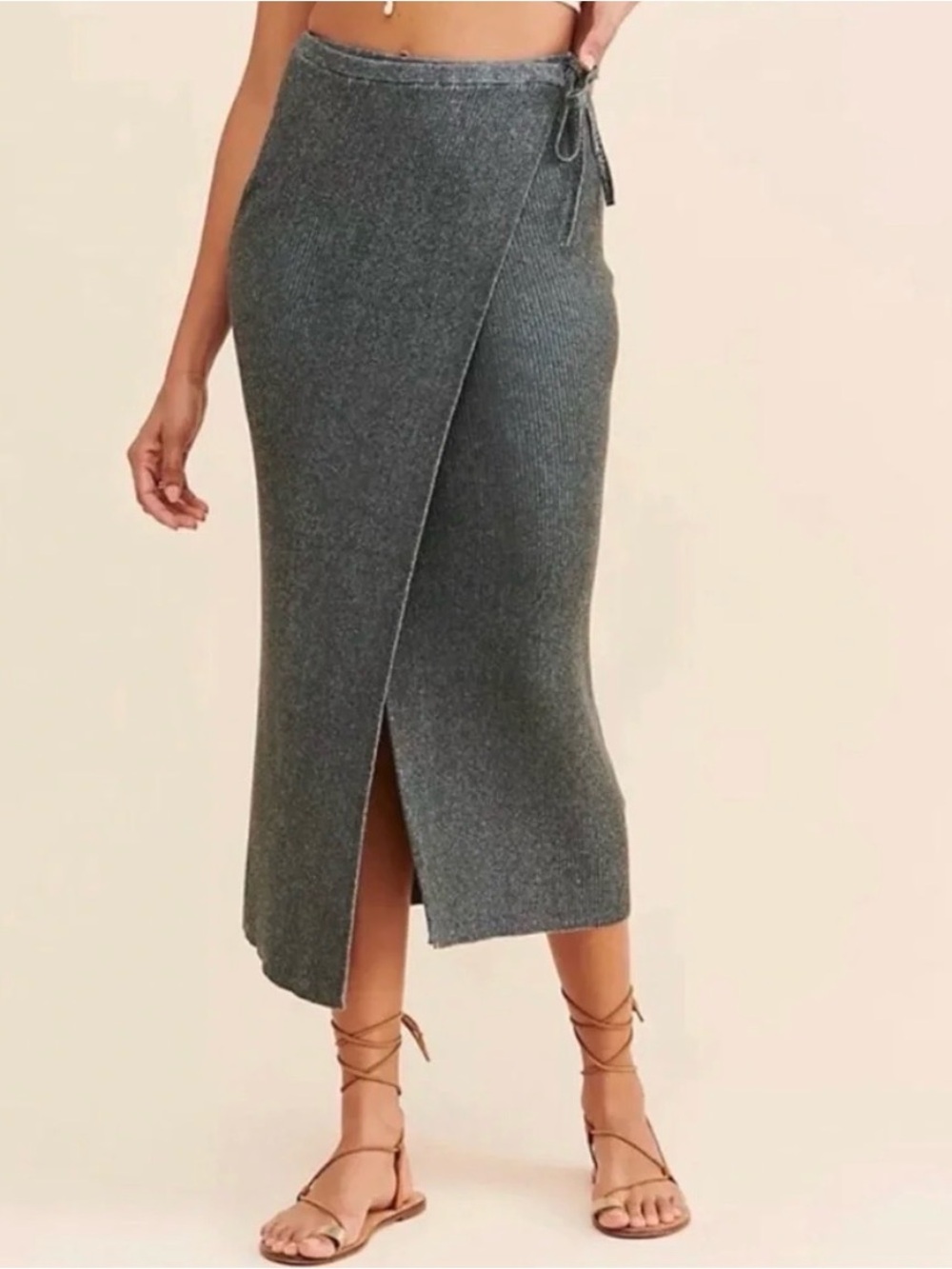 Free People Borderline Charcoal Gray Ribbed Knit Wrap Midi Skirt
